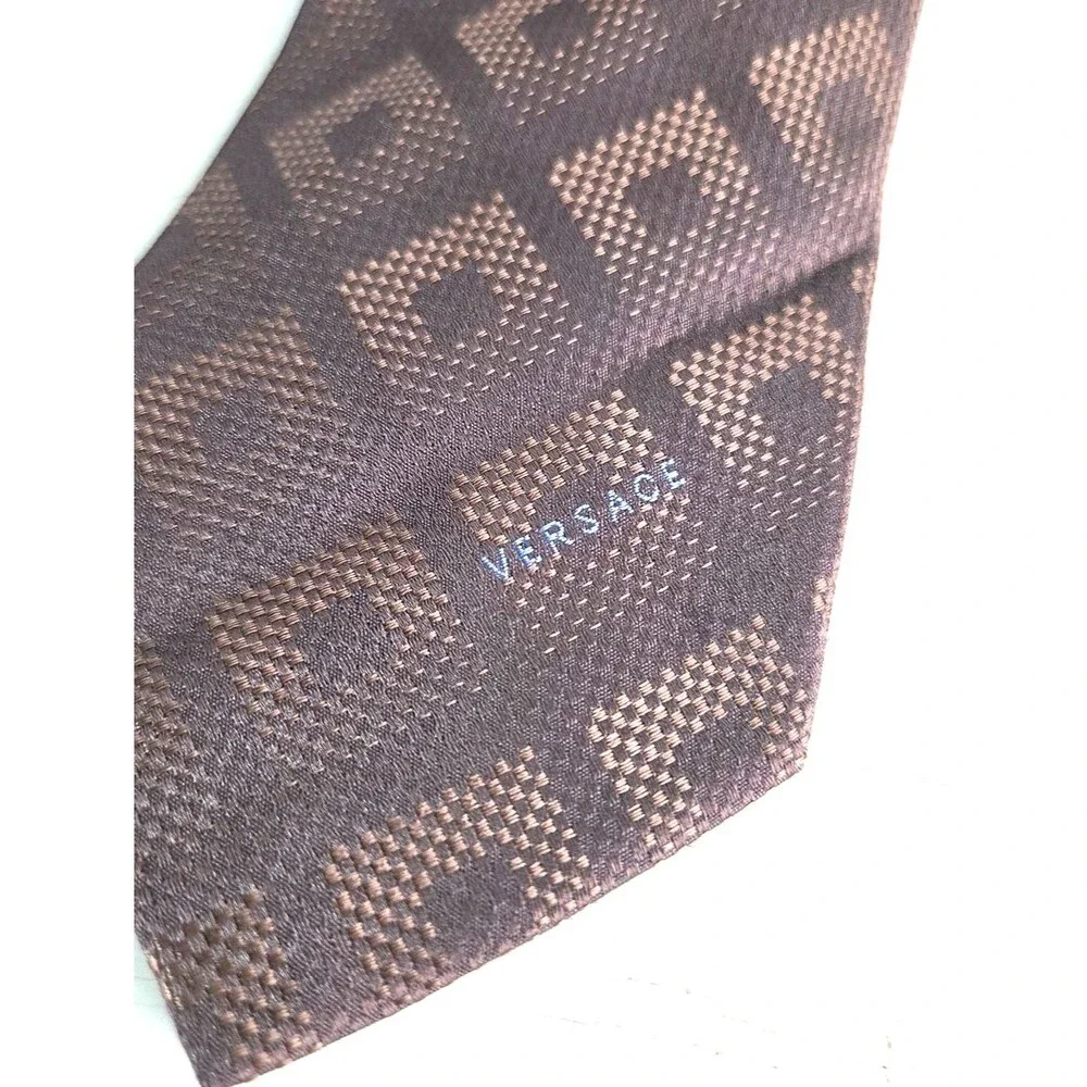 Versace Silk Tie Brown Geometric Medusa Logo Italy Designer Luxury Necktie Class